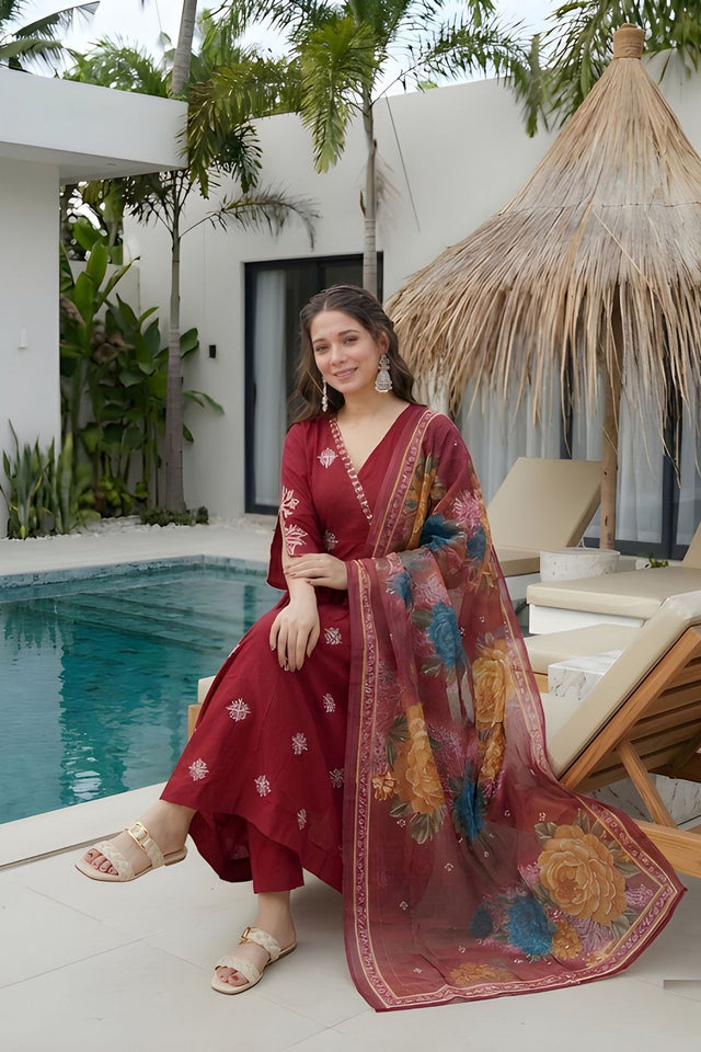 Maroon Embroidered Silk Kurti Pant Set (ACA8336)