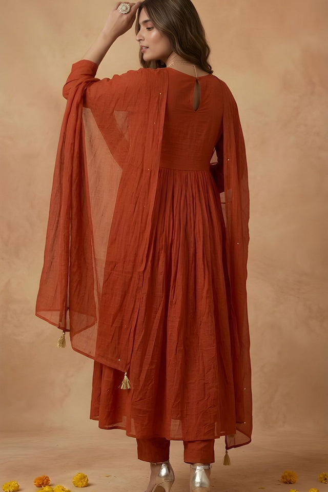 Rust Embroidered Cotton Kurti Pant Set (ACA8337)