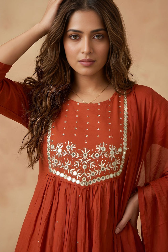 Rust Embroidered Cotton Kurti Pant Set (ACA8337)