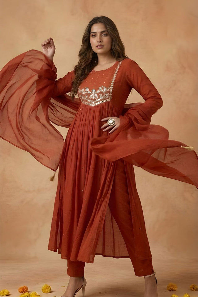Rust Embroidered Cotton Kurti Pant Set (ACA8337)