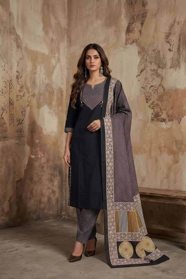 Black Printed Cotton Kurti Pant Set (ACA8338)