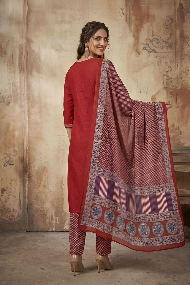 Maroon Printed Cotton Kurti Pant Set (ACA8339)