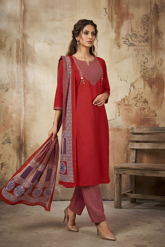 Maroon Printed Cotton Kurti Pant Set (ACA8339)