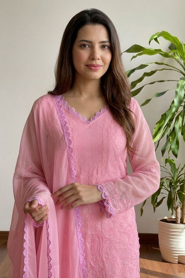 Pink Chikankari Georgette Kurti Pant Set (ACA8340)