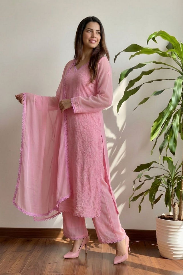 Pink Chikankari Georgette Kurti Pant Set (ACA8340)