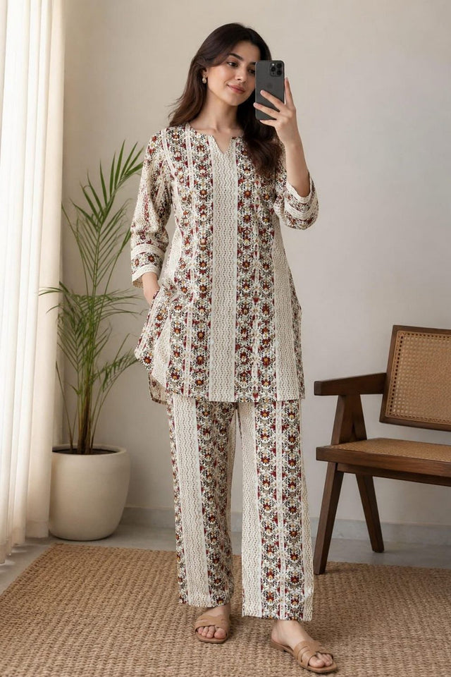 Off White Printed Rayon Co-ord Set (ACA8362)