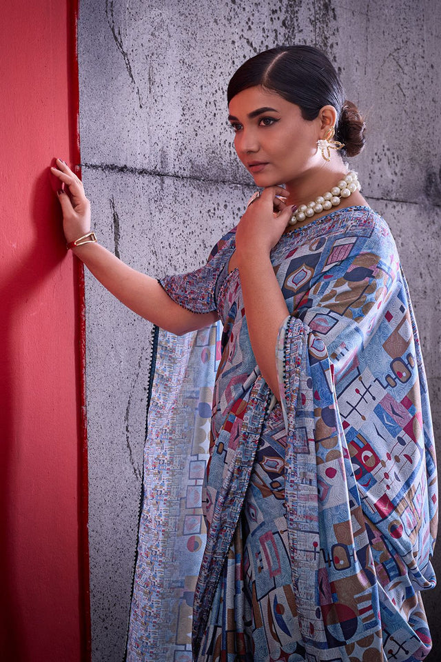 Blue Printed Cotton Saree (ACA8364)