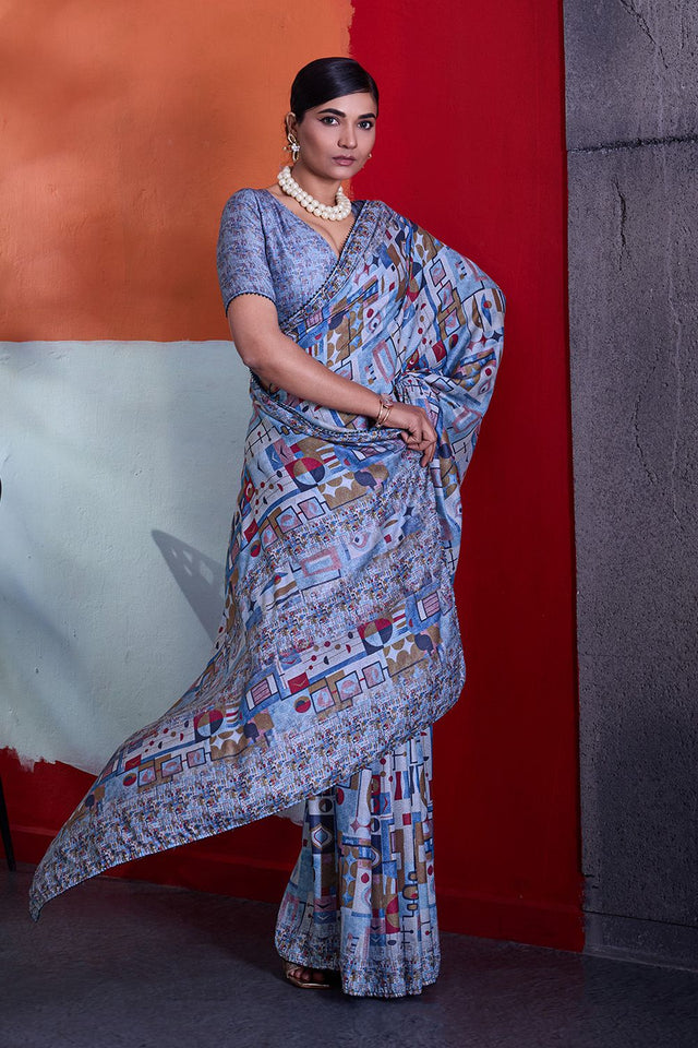 Blue Printed Cotton Saree (ACA8364)