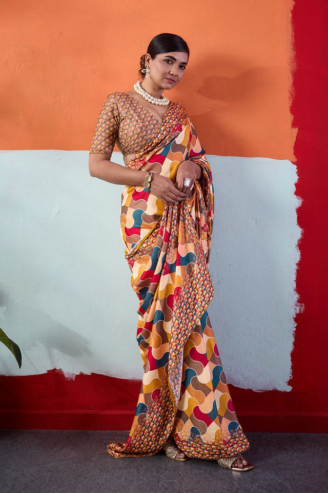 Mustard Printed Cotton Saree (ACA8365)