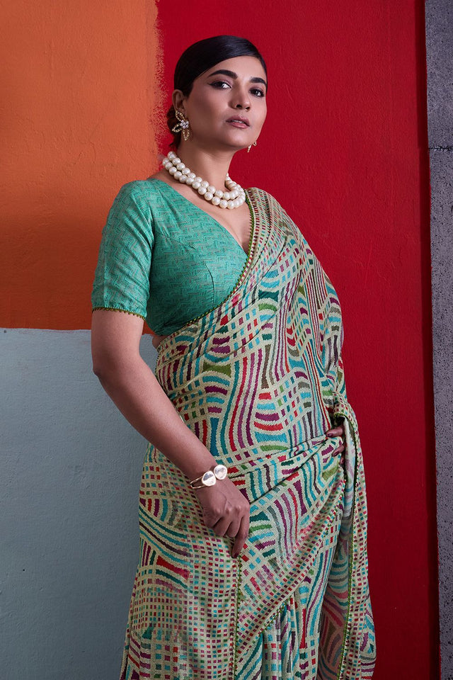 Green Printed Cotton Saree (ACA8366)