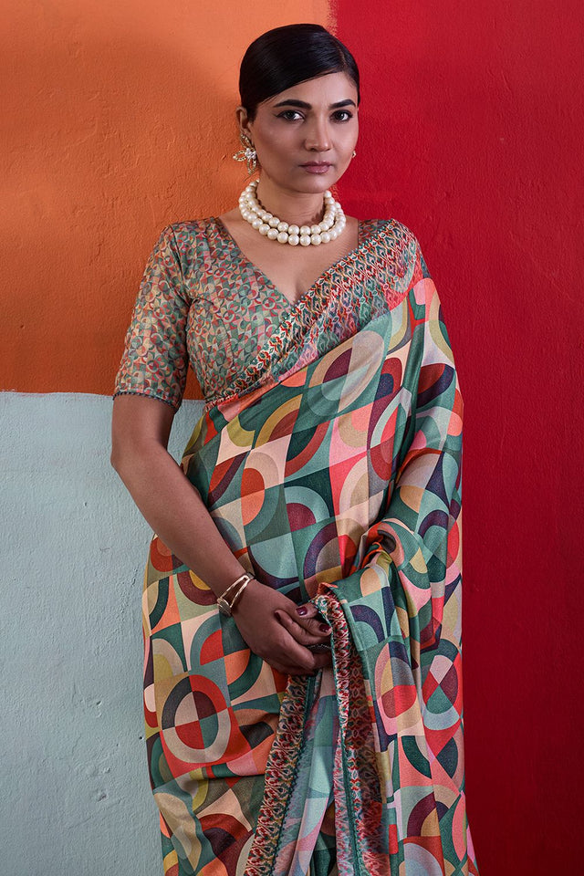 Green Printed Cotton Saree (ACA8368)