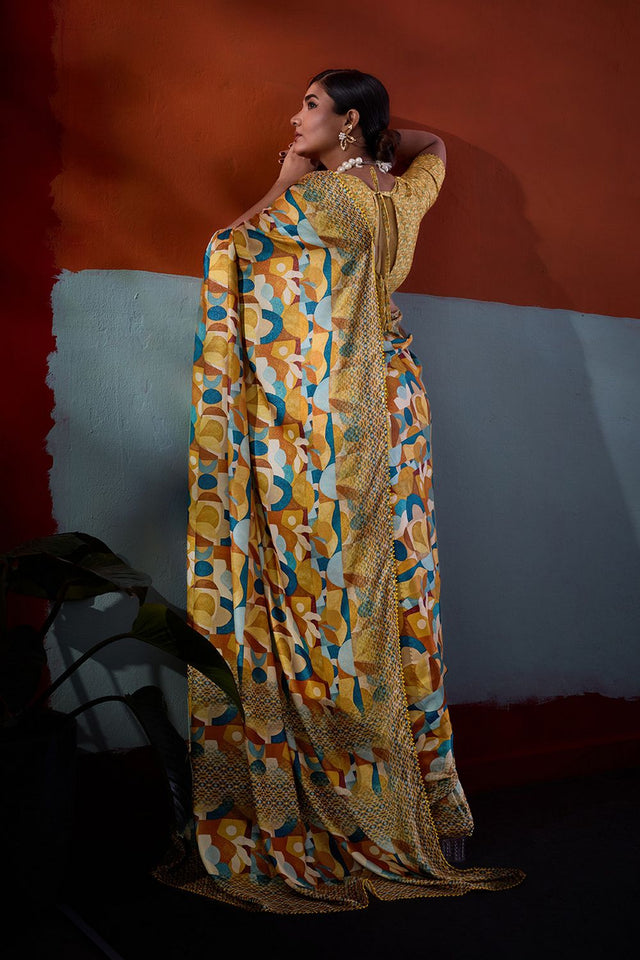 Mustard Printed Cotton Saree (ACA8369)