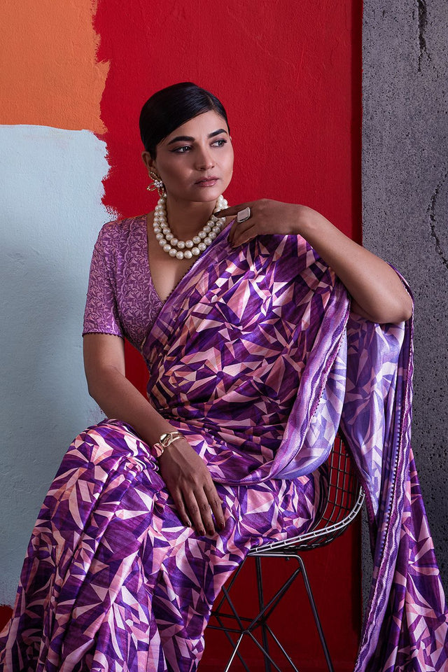 Violet Printed Cotton Saree (ACA8370)