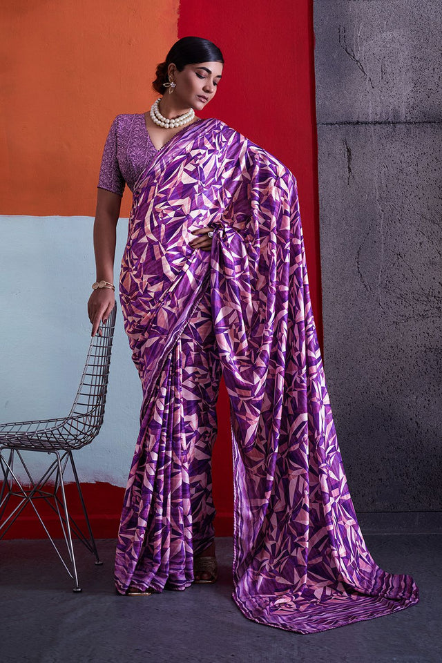 Violet Printed Cotton Saree (ACA8370)