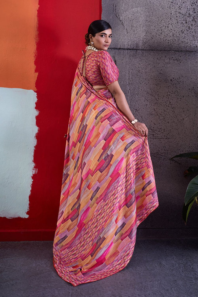 Pink Printed Cotton Saree (ACA8372)