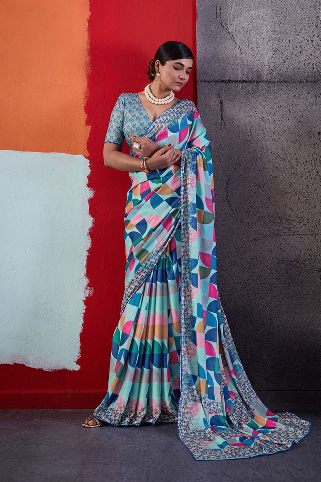 Blue Printed Cotton Saree (ACA8373)