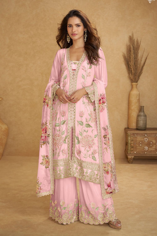Pink Floral Embroidered Chinon Palazzo Suit (ACA8374)