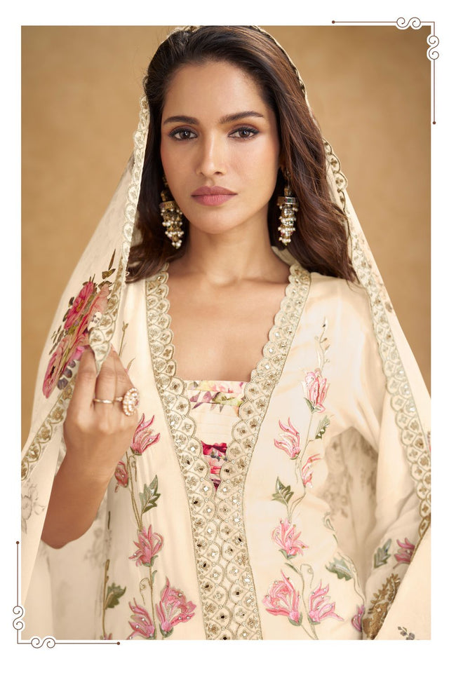 Cream Floral Embroidered Chinon Palazzo Suit (ACA8375)
