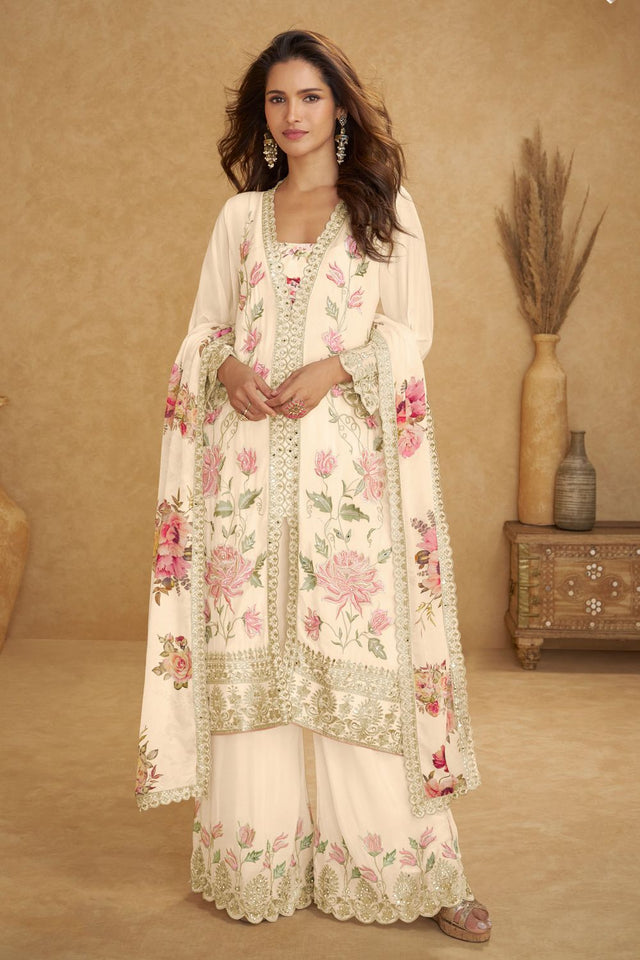 Cream Floral Embroidered Chinon Palazzo Suit (ACA8375)