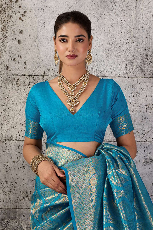 Turquoise Woven with Jacquard Kanjivaram Saree (ACA8390)