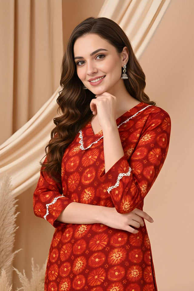 Red Floral Printed Silk Kurti Pant Set (ACA8394-36)