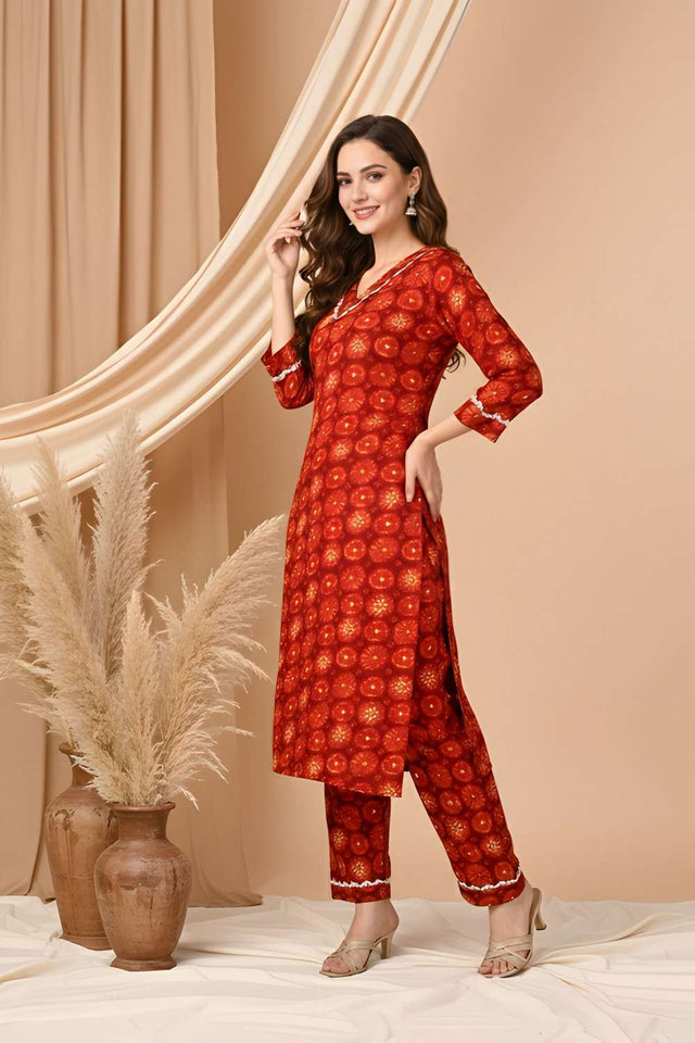 Red Floral Printed Silk Kurti Pant Set (ACA8394-36)