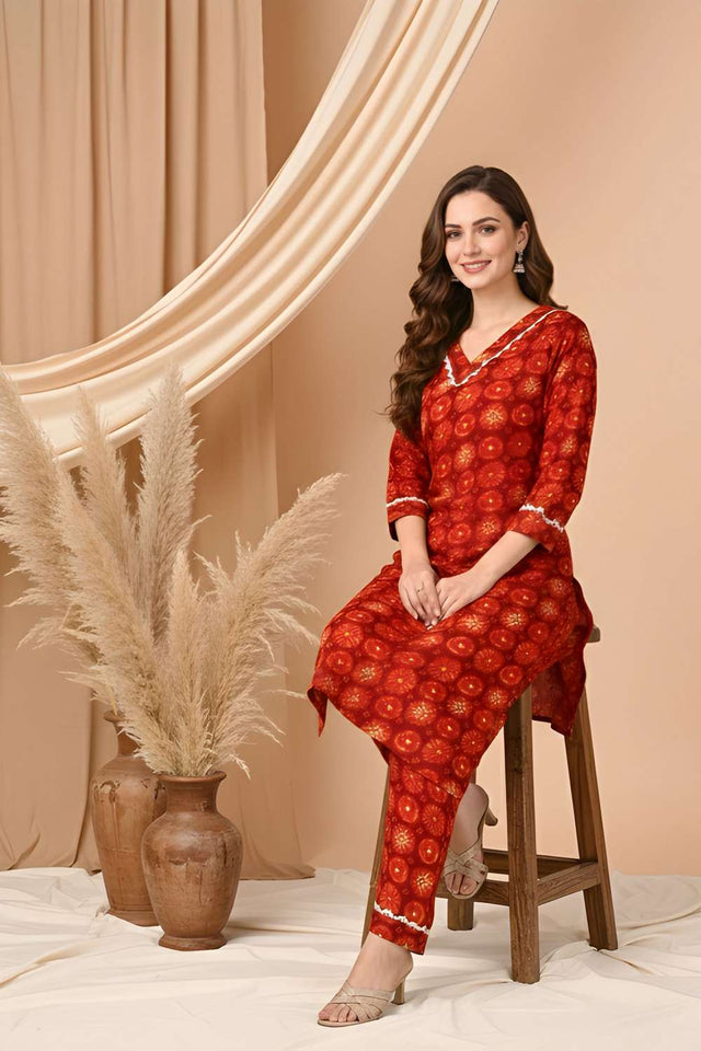 Red Floral Printed Silk Kurti Pant Set (ACA8394-36)