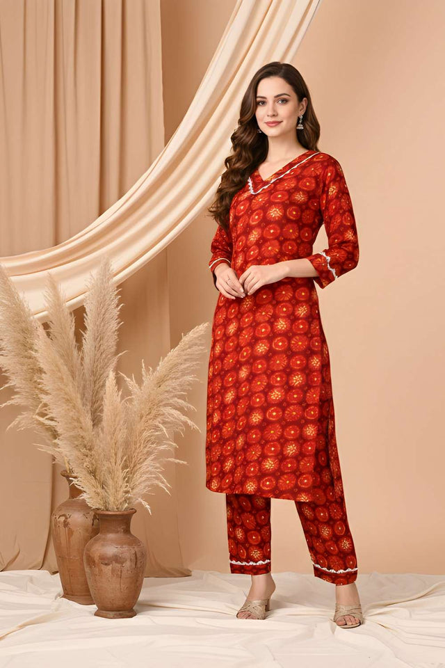 Red Floral Printed Silk Kurti Pant Set (ACA8394-36)