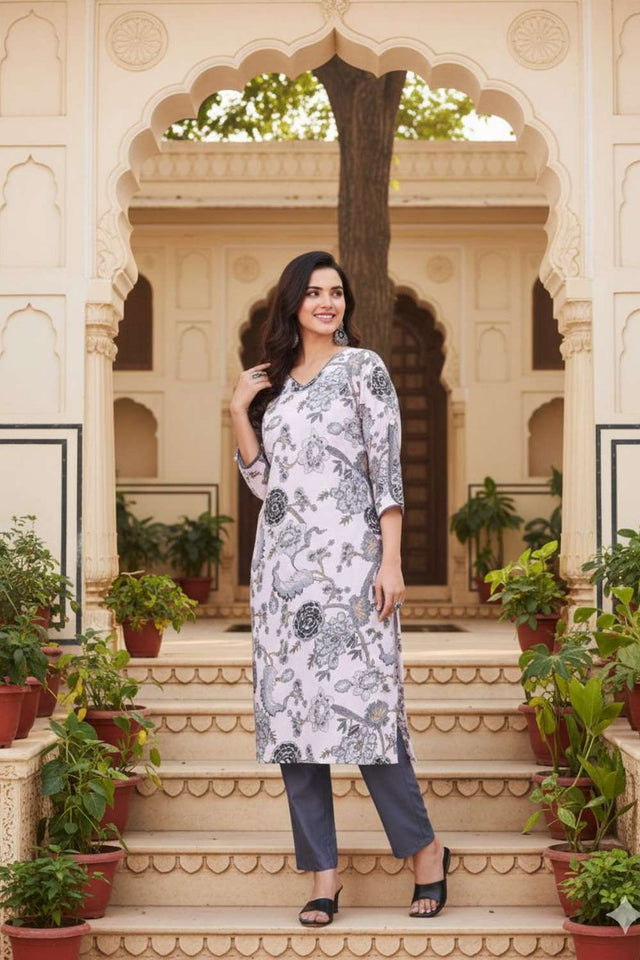 White Floral Printed Cotton Kurti Pant Set (ACA8395)