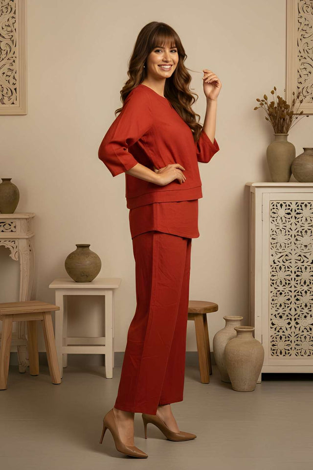 Rust Solid Cotton Kurti Pant Set (ACA8396)