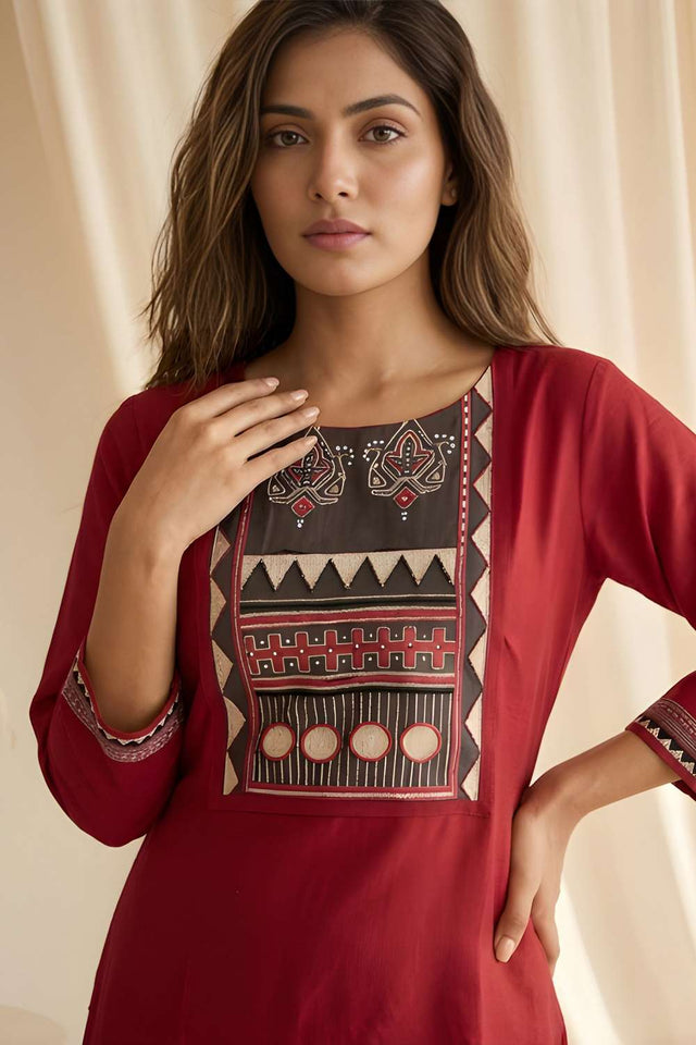 Maroon Printed Silk Kurti Pant Set (ACA8400)