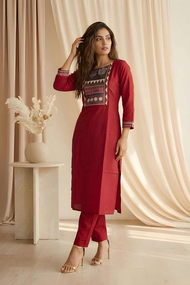 Maroon Printed Silk Kurti Pant Set (ACA8400)