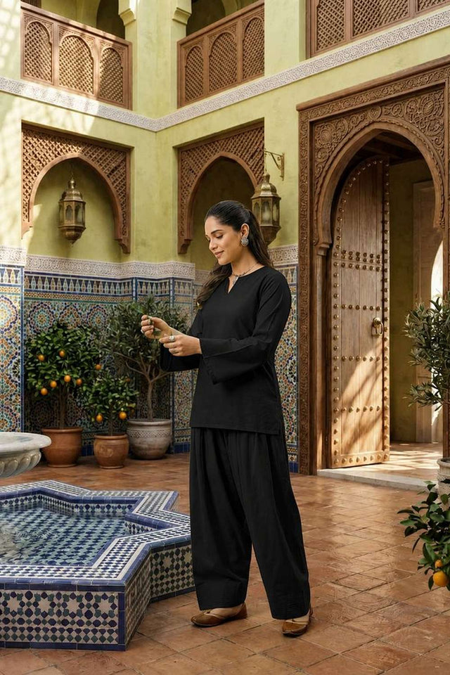 Black Solid Cotton Kurti Palazzo Set (ACA8402)
