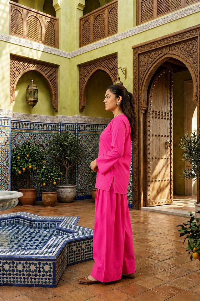 Pink Solid Cotton Kurti Palazzo Set (ACA8404)