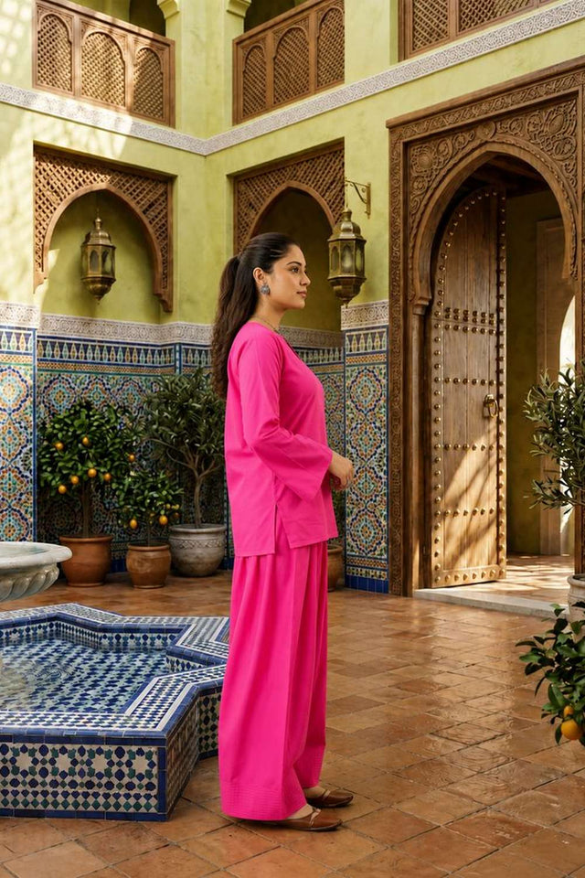 Pink Solid Cotton Kurti Palazzo Set (ACA8404)