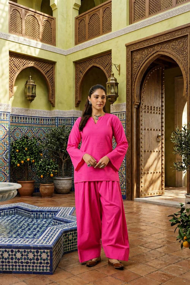 Pink Solid Cotton Kurti Palazzo Set (ACA8404)