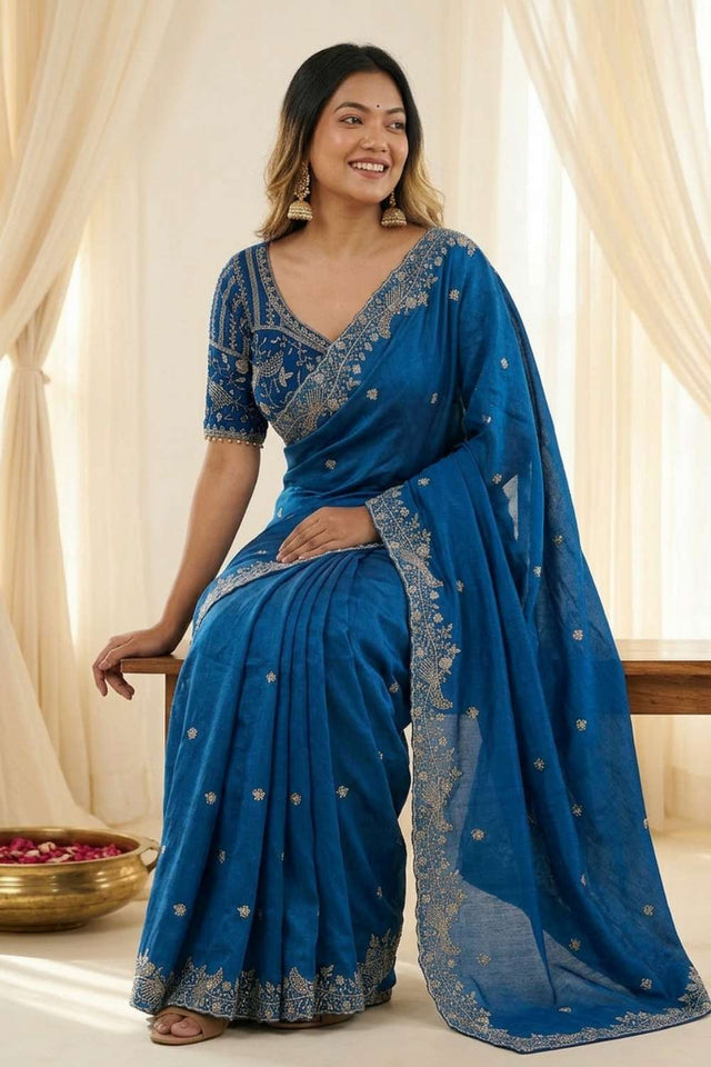 Turquoise Embroidered Satin Saree (ACA8413)