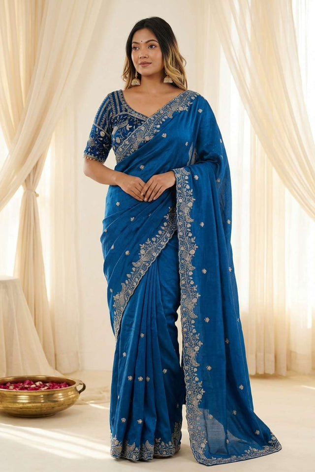 Turquoise Embroidered Satin Saree (ACA8413)