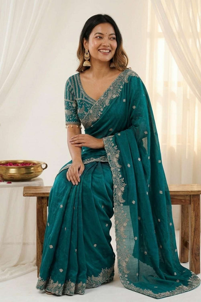 Green Embroidered Satin Saree (ACA8414)