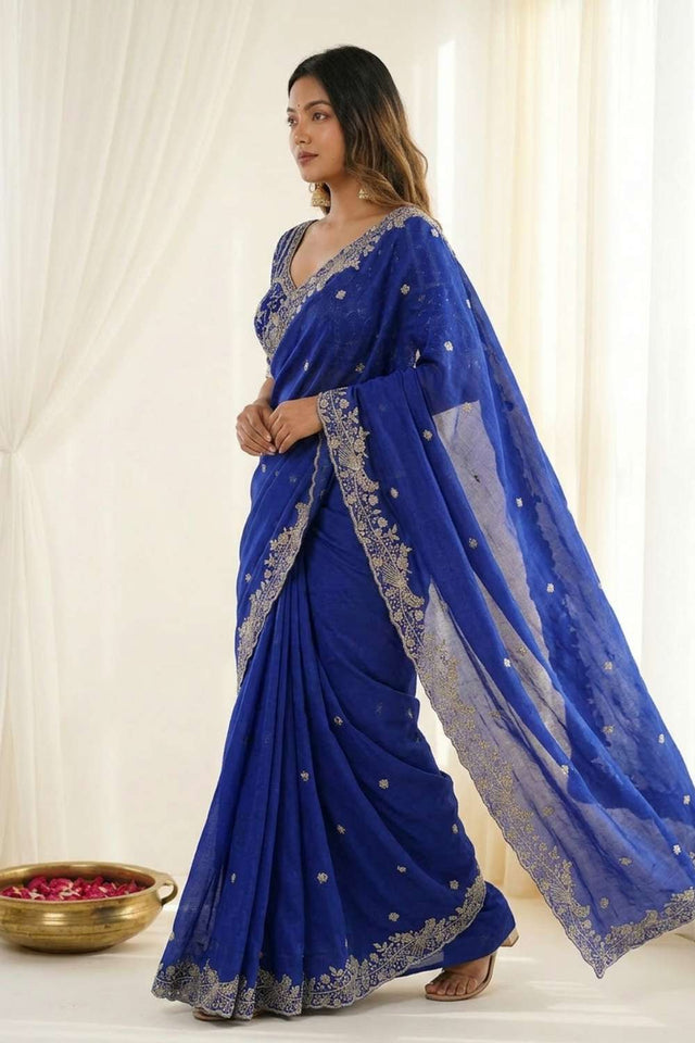 Royal-Blue Embroidered Satin Saree (ACA8415)