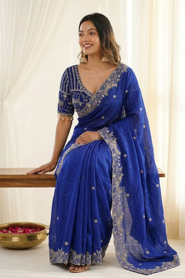 Royal-Blue Embroidered Satin Saree (ACA8415)