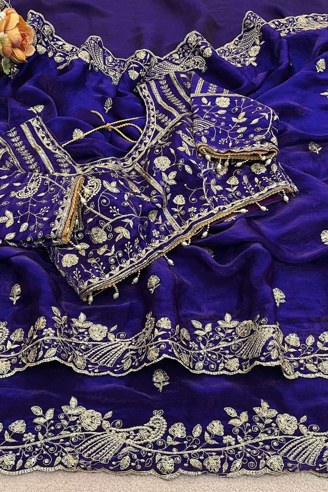 Royal-Blue Embroidered Satin Saree (ACA8415)