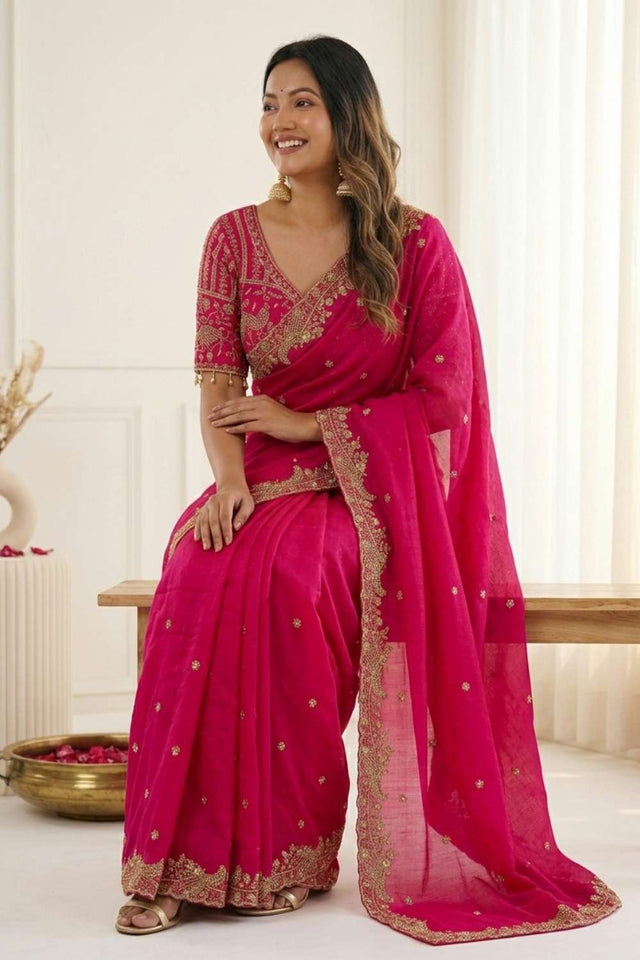 Pink Embroidered Satin Saree (ACA8416)