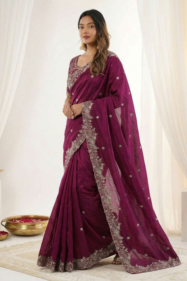 Maroon Embroidered Satin Saree (ACA8417)