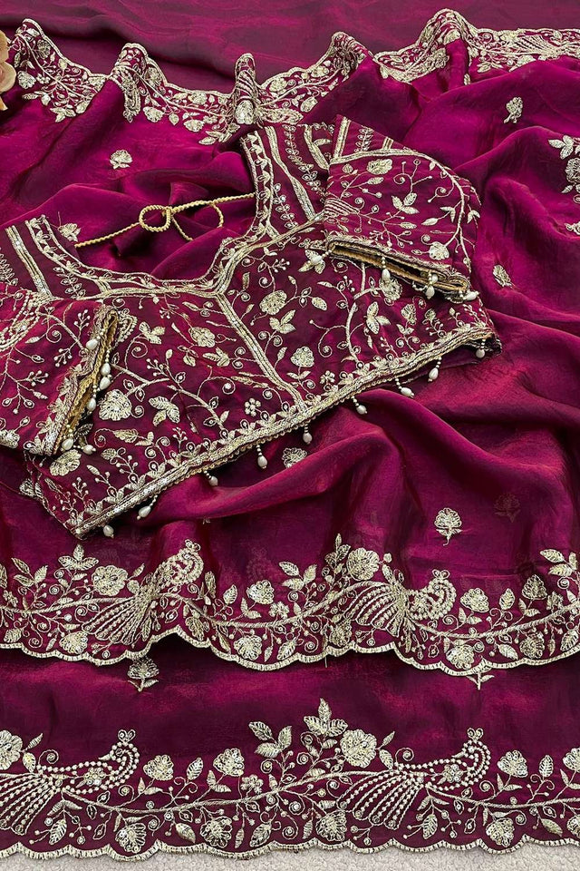 Maroon Embroidered Satin Saree (ACA8417)