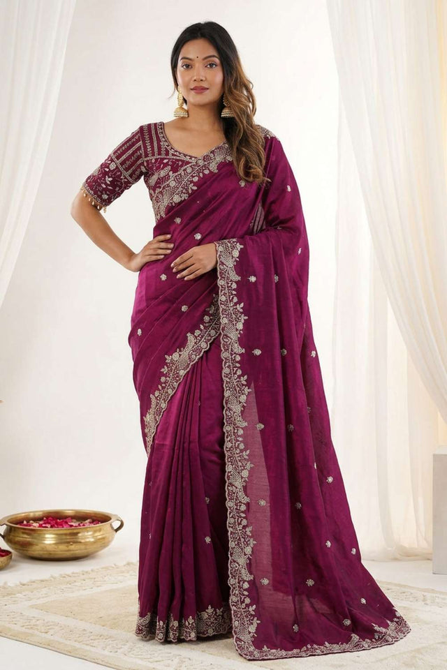 Maroon Embroidered Satin Saree (ACA8417)