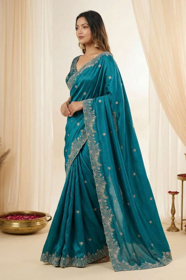 Turquoise Embroidered Satin Saree (ACA8418)