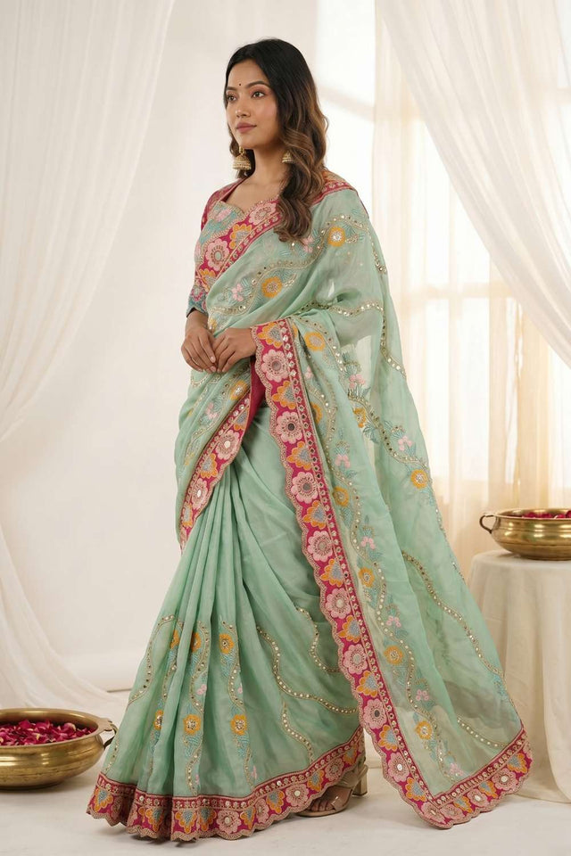 Green Embroidered Silk Saree (ACA8419)