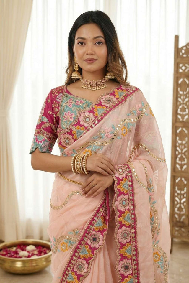 Peach Embroidered Silk Saree (ACA8421)