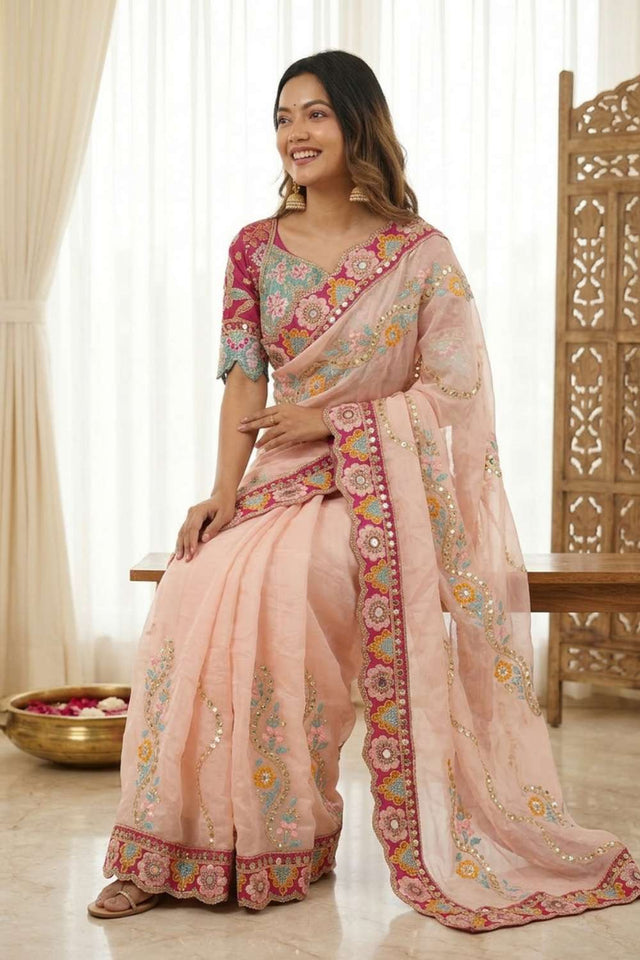 Peach Embroidered Silk Saree (ACA8421)